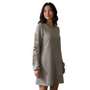 Alya Embroidered Floral Sleeve Sweatshirt Dress Gray Size S Cozy Boho
